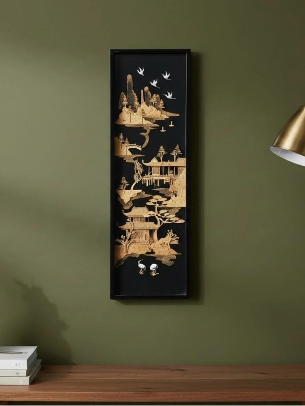 Vtg Chinese Asian Landscape Cork Diorama Wall Art in Black Lacqered Frame 23x8”
